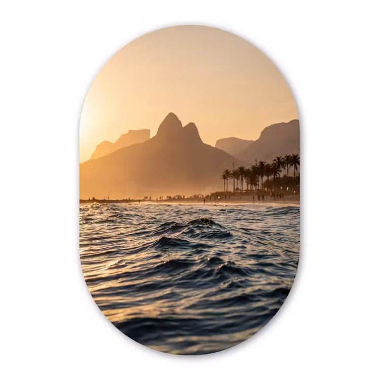 Zee - Golven - Zonsondergang - Kust - Goud Wandcirkel Ovaal Aluminium middel -3d