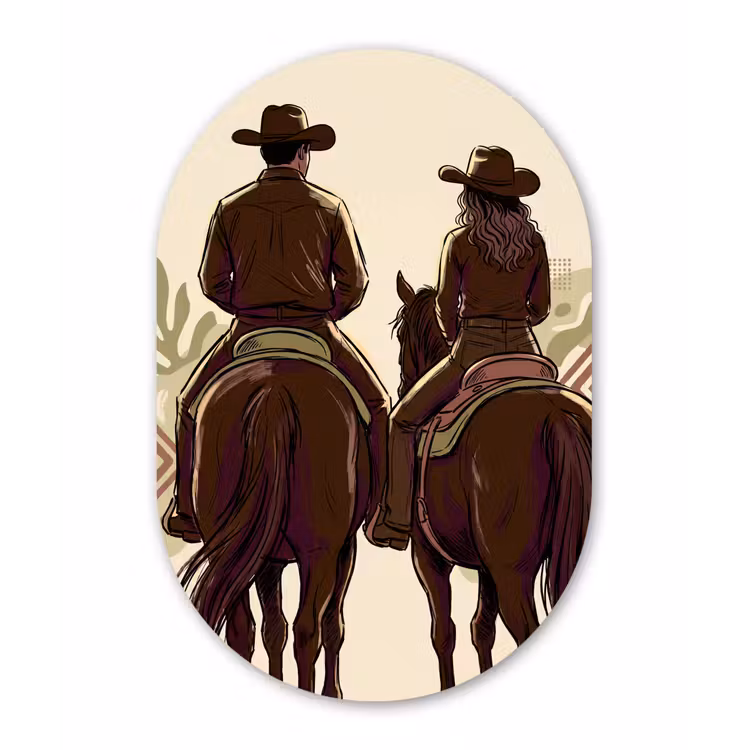Mensen - Ruiters - Western - Illustratie - Bruin Wandcirkel Ovaal Aluminium middel -3d