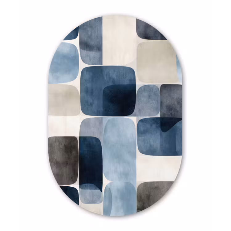 Patroon - Blauw - Vierkanten Wandcirkel Ovaal Aluminium middel -3d