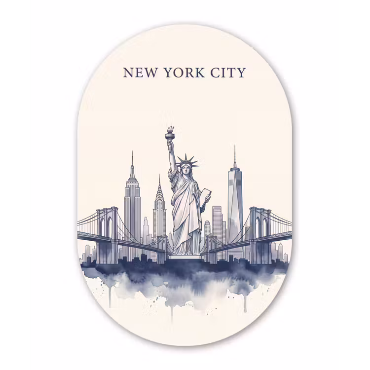 New York - Vrijheidsbeeld - Skyline - Illustratie - Blauw Wandcirkel Ovaal Aluminium middel -3d