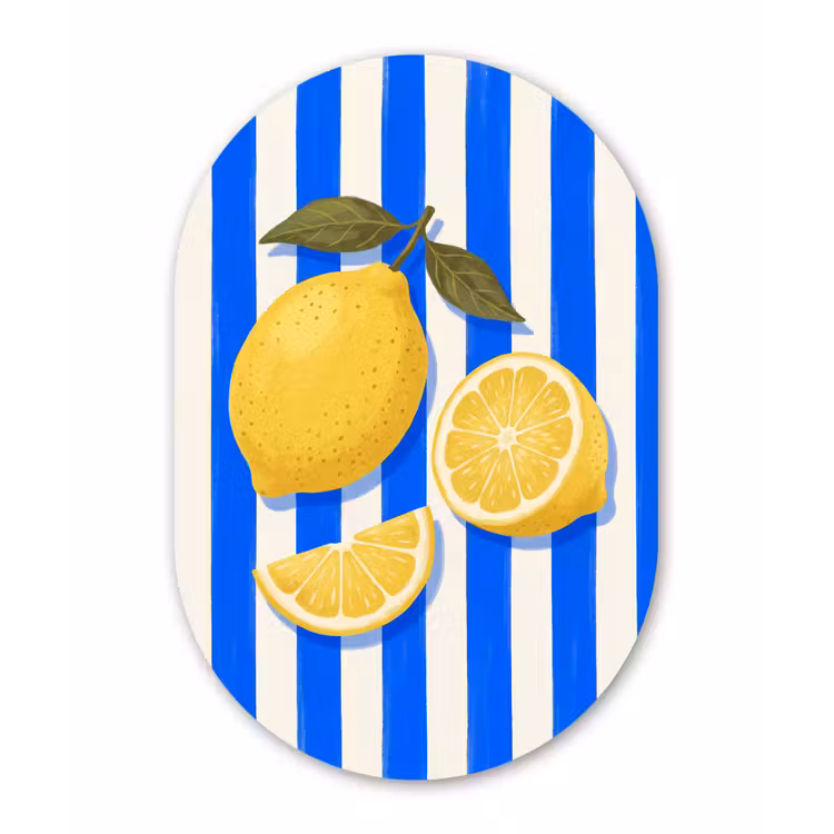 Fruit - Citroen - Zomer - Geel - Blauw Wandcirkel Ovaal Aluminium middel -3d