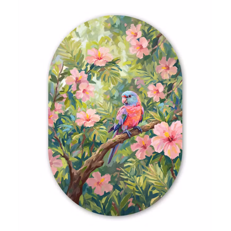 Papagaai - Hibiscusbloemen - Kleurrijk Wandcirkel Ovaal Aluminium middel -3d