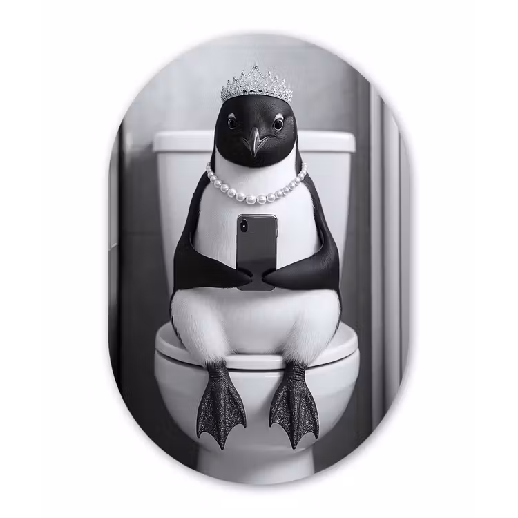 Pinguïn - Telefoon - Toilet - Zwart - Wit Wandcirkel Ovaal Aluminium middel -3d
