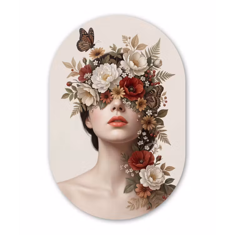 Portret - Bloemen - Cremé Wandcirkel Ovaal Aluminium middel -3d