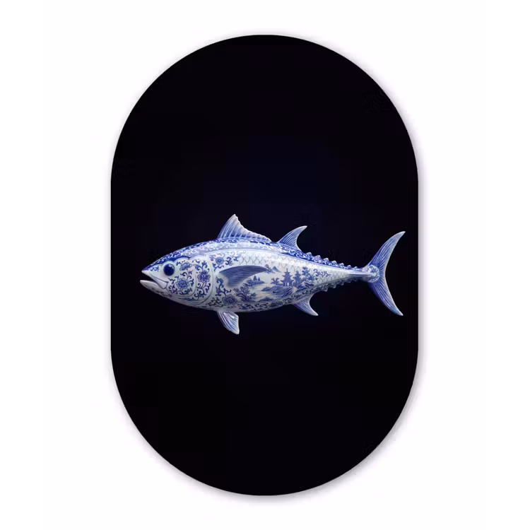 Porselein - Tonijn - Delfts - Blauw Wandcirkel Ovaal Aluminium middel -3d