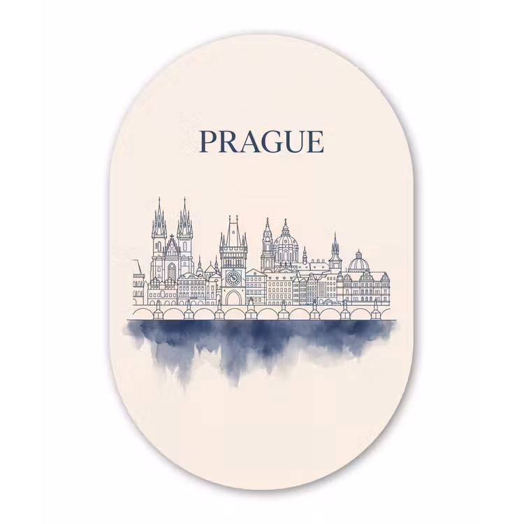 Praag - Skyline - Architectuur - Blauw Wandcirkel Ovaal Aluminium middel -3d