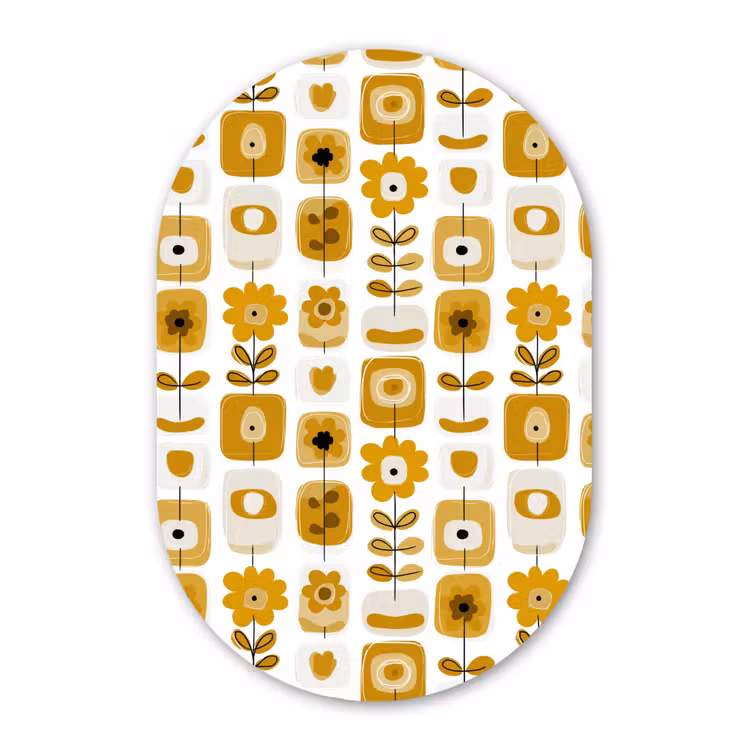 Retro - Abstract - Bloemen - Okergeel Wandcirkel Ovaal Aluminium middel 839 -3d