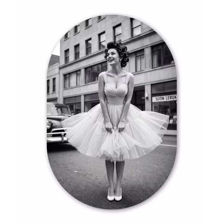 Retro - Vrouw - Zwart - Wit Wandcirkel Ovaal Aluminium middel -3d