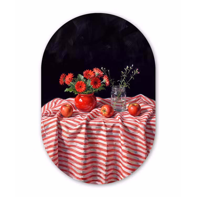 Wandoval - Aluminium - Rote Blumen – Vase - Rode bloemen - Vaas Wandcirkel Ovaal Aluminium middel