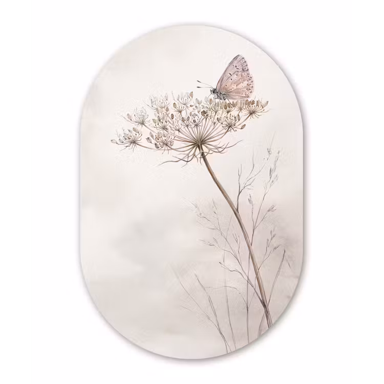 Vlinder - Bloem -Natuur - Beige Wandcirkel Ovaal Aluminium middel -3d