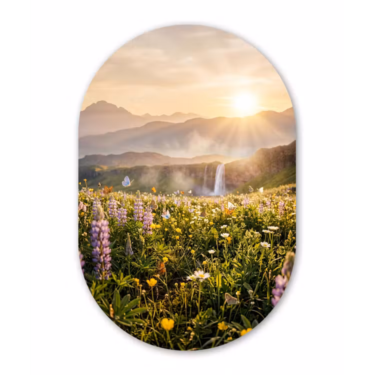 Vlinders - Waterval - Bloemenveld Wandcirkel Ovaal Aluminium middel -3d