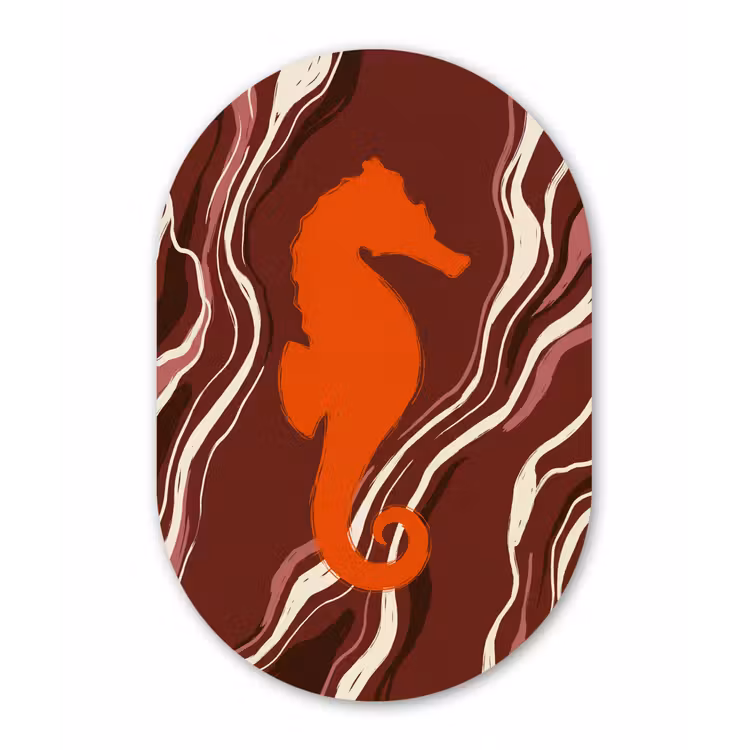 Zeepaardje - Golven - Zeeleven - Abstract - Oranje Wandcirkel Ovaal Aluminium middel -3d
