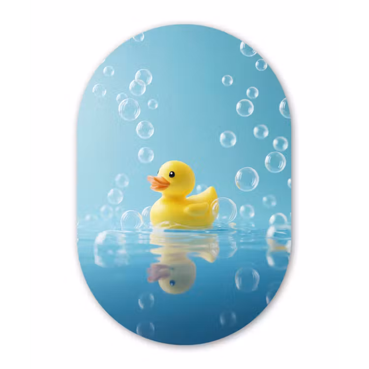 Bubbels - Badeend - Geel Wandcirkel Ovaal Aluminium middel -3d
