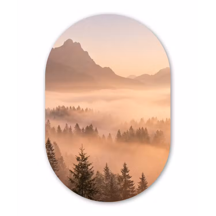 Zonlicht - Mist - Bergen - Bomen Wandcirkel Ovaal Aluminium middel -3d