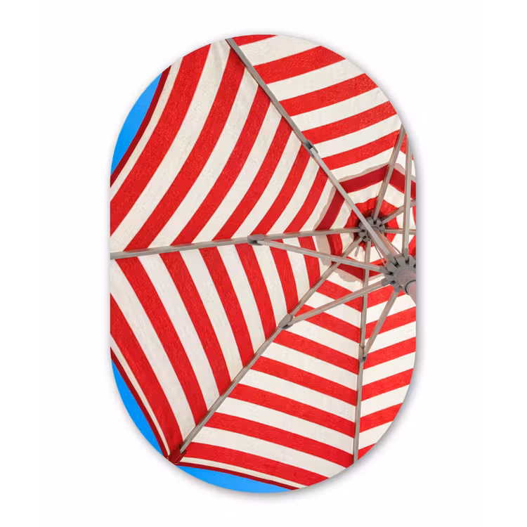 Parasol - Strepen - Zomer - Rood - Blauw Wandcirkel Ovaal Aluminium middel -3d