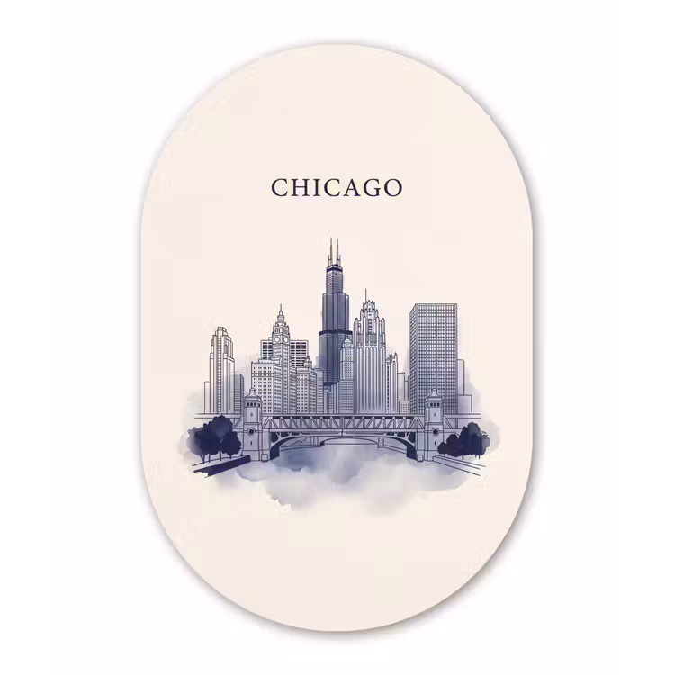 Stad - Skyline - Architectuur - Lijntekening - Blauw Wandcirkel Ovaal Aluminium middel -3d