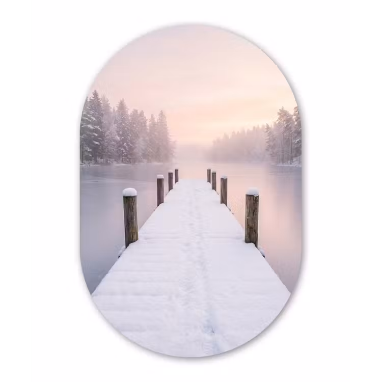 Steiger - Meer - Mist - Winter - Serene Wandcirkel Ovaal Aluminium middel -3d