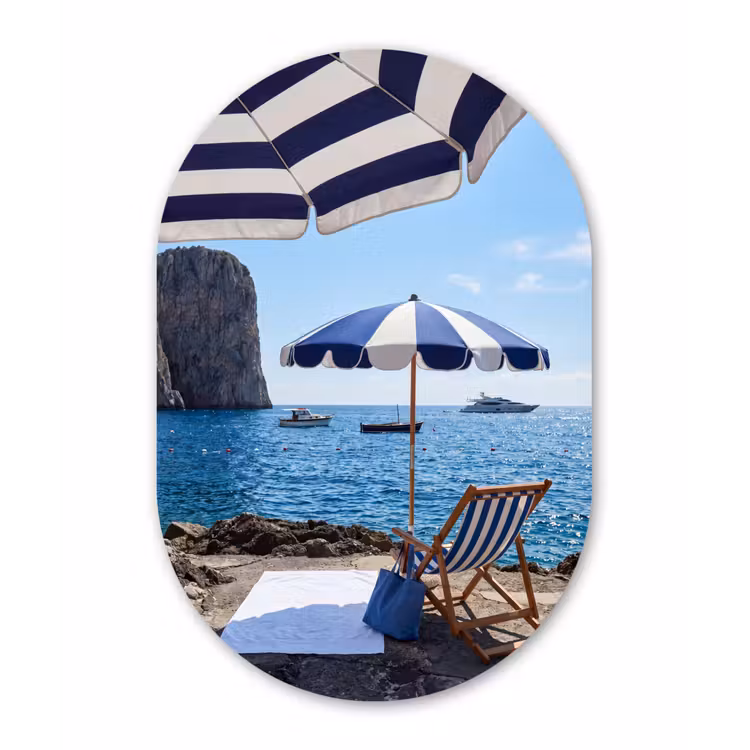 Strand - Ligstoel - Parasol - Zomer - Blauw Wandcirkel Ovaal Aluminium middel -3d