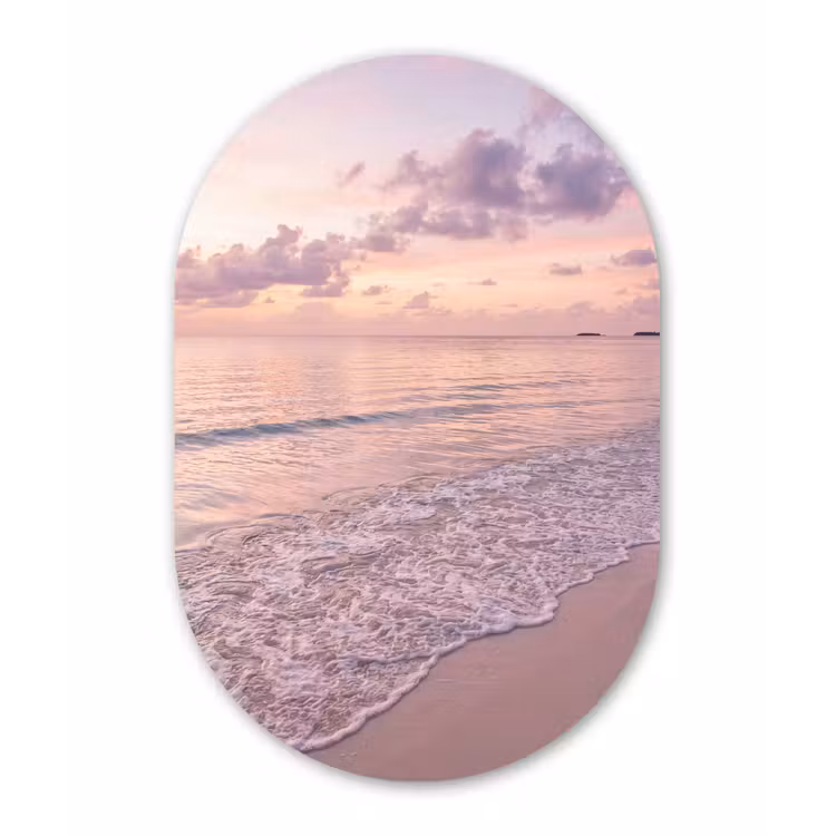Strand - Zonsondergang - Natuur - Minimalistisch - Roze Wandcirkel Ovaal Aluminium middel -3d