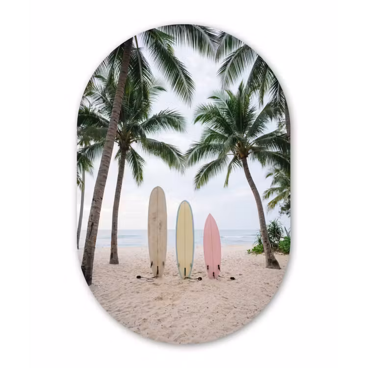 Surfboard - Palmbomen - Kleurrijk Wandcirkel Ovaal Aluminium middel -3d