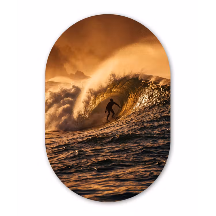 Surfer - Golf - Oceaan - Sport - Oranje Wandcirkel Ovaal Aluminium middel -3d