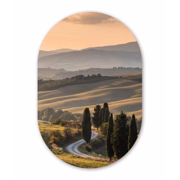 Toscaans - Landschap - Heuvels Wandcirkel Ovaal Aluminium middel -3d