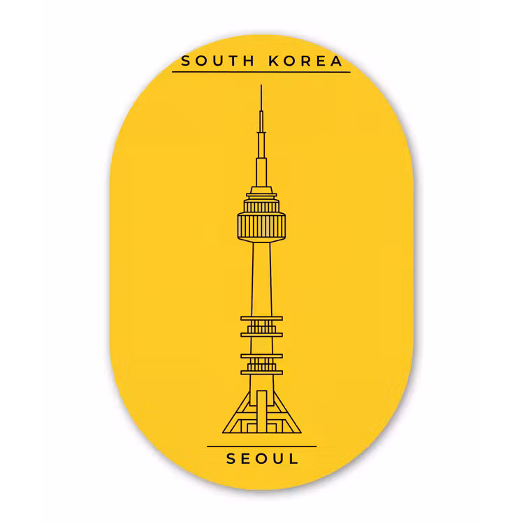 Toren - Seoul - Architectuur - Minimalistisch - Geel Wandcirkel Ovaal Aluminium middel -3d