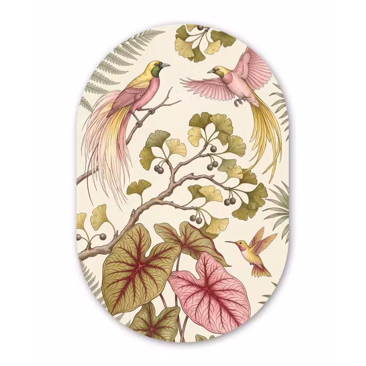 Vogels - Tropisch - Botanisch - Roze Wandcirkel Ovaal Aluminium middel -3d