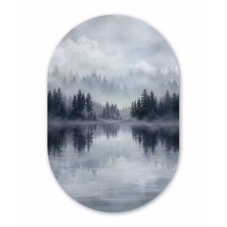 Bos - Meer - Mist - Natuur - Grijs Wandcirkel Ovaal Aluminium middel -3d