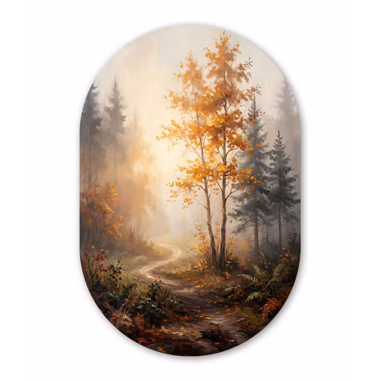 Bospad - Herfstbladeren - Natuur - Schilderachtig - Oranje Wandcirkel Ovaal Aluminium middel -3d