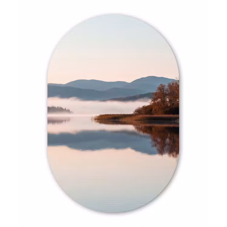 Water - Bomen - Mistlaag Wandcirkel Ovaal Aluminium middel -3d