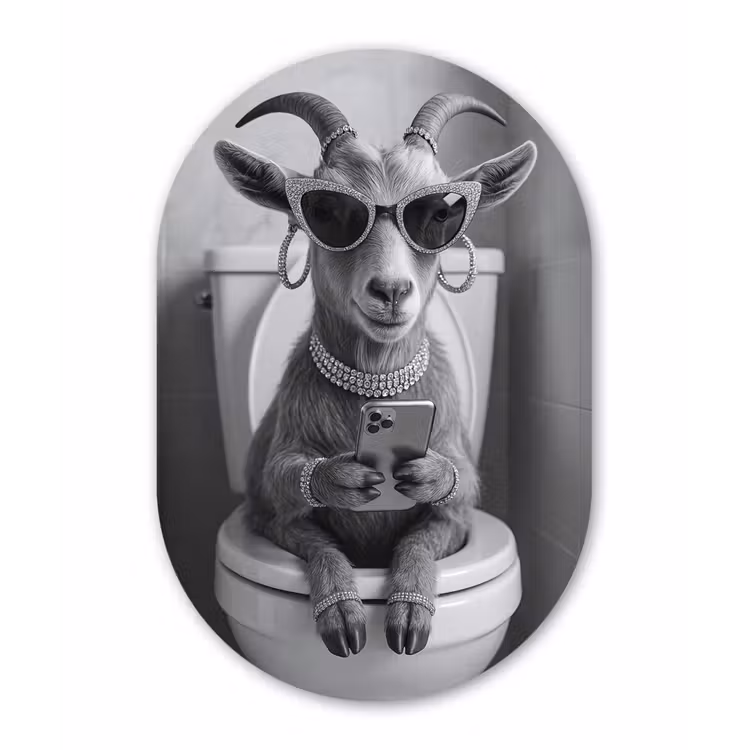 Geit - Telefoon - Toilet - Zwart - Wit Wandcirkel Ovaal Aluminium middel -3d