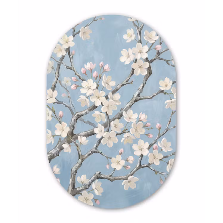 Takken - Kersenbloesem - Blauw Wandcirkel Ovaal Aluminium middel -3d