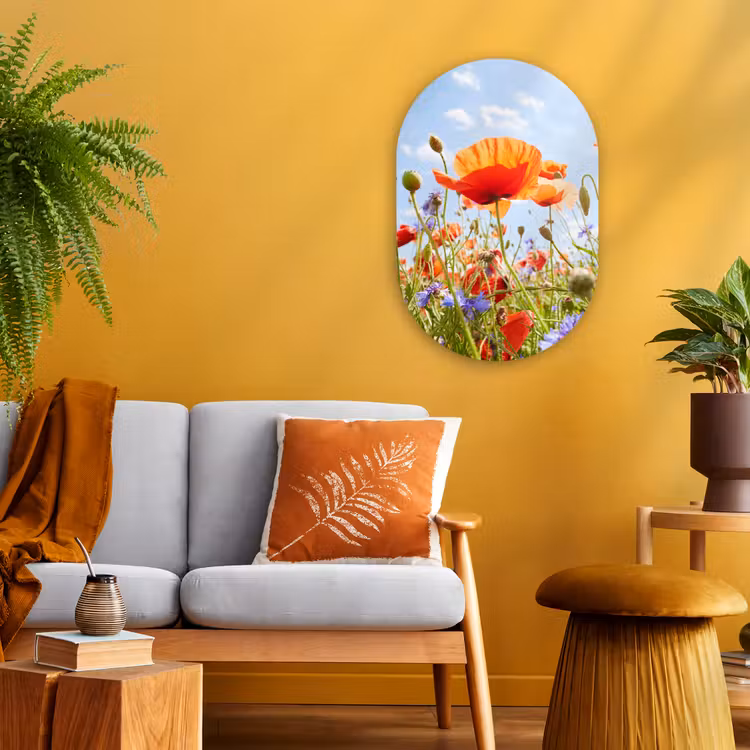Bloemen - Klaproos - Lente - Natuur - Rood - Blauw Wandcirkel Ovaal Forex klein -sfeer4