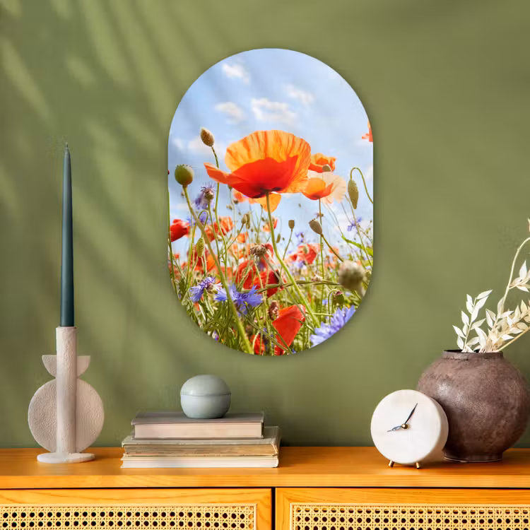 Bloemen - Klaproos - Lente - Natuur - Rood - Blauw Wandcirkel Ovaal Forex klein -sfeer2