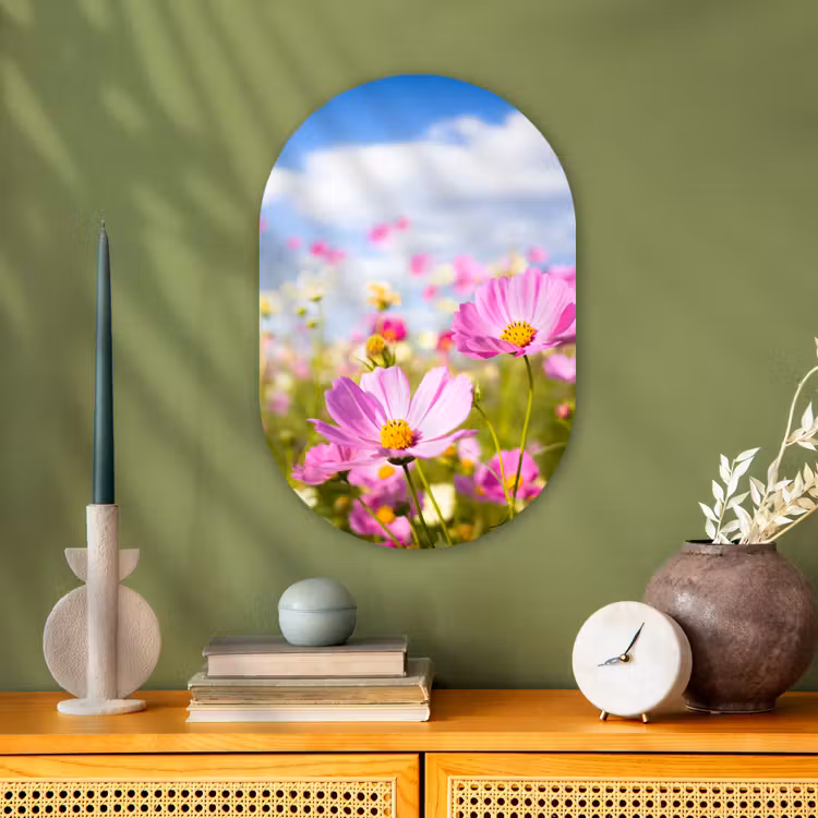 Bloemen - Wei - Paars - Gras - Wit - Wolken - Blauw Wandcirkel Ovaal Forex klein -sfeer2