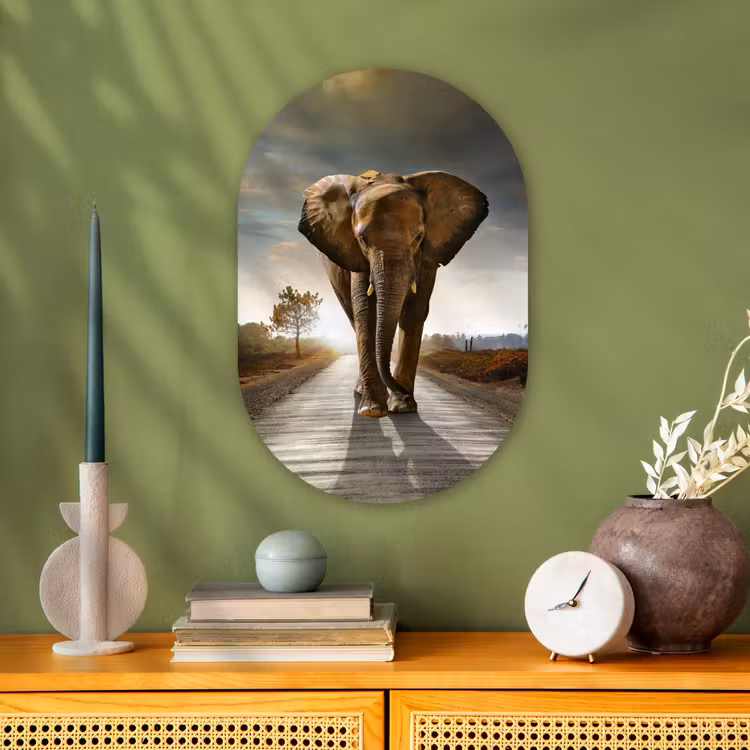 Olifant - Weg - Dieren - Zonsondergang - Landschap Wandcirkel Ovaal Forex klein -sfeer2