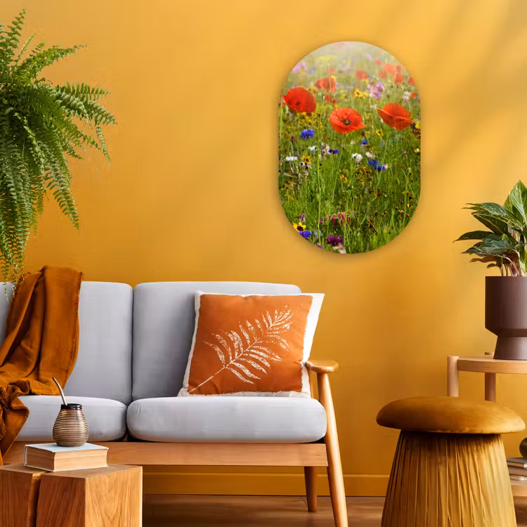 Lente - Bloemen - Rood - Klaproos - Gras - Groen Wandcirkel Ovaal Forex klein -sfeer4