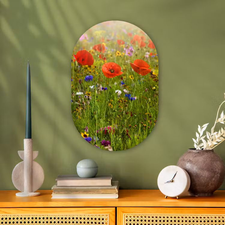Lente - Bloemen - Rood - Klaproos - Gras - Groen Wandcirkel Ovaal Forex klein -sfeer2