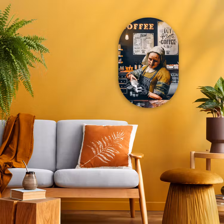 Melkmeisje - Barista - Koffie - Vintage - Kunst - Abstract - Schilderij - Oude meesters Wandcirkel Ovaal Forex klein -sfeer4