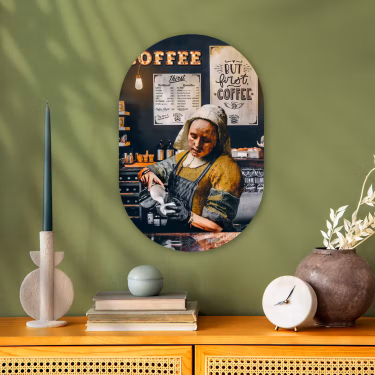 Melkmeisje - Barista - Koffie - Vintage - Kunst - Abstract - Schilderij - Oude meesters Wandcirkel Ovaal Forex klein -sfeer2