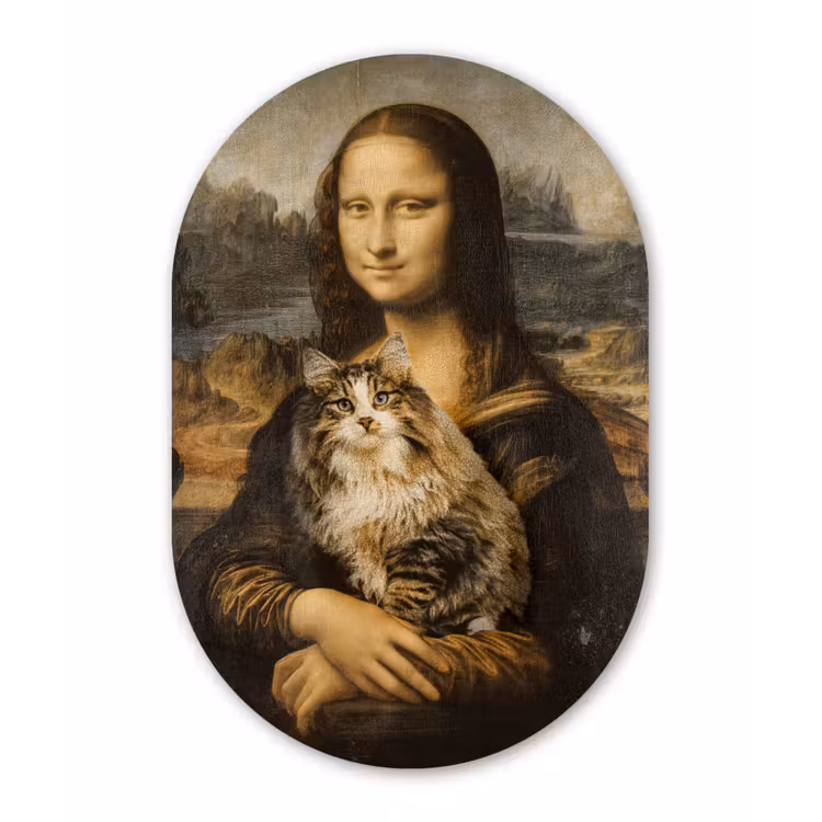 Mona Lisa - Kat - Leonardo da Vinci - Vintage - Kunstwerk - Oude meesters - Schilderij Wandcirkel Ovaal Forex klein -3d