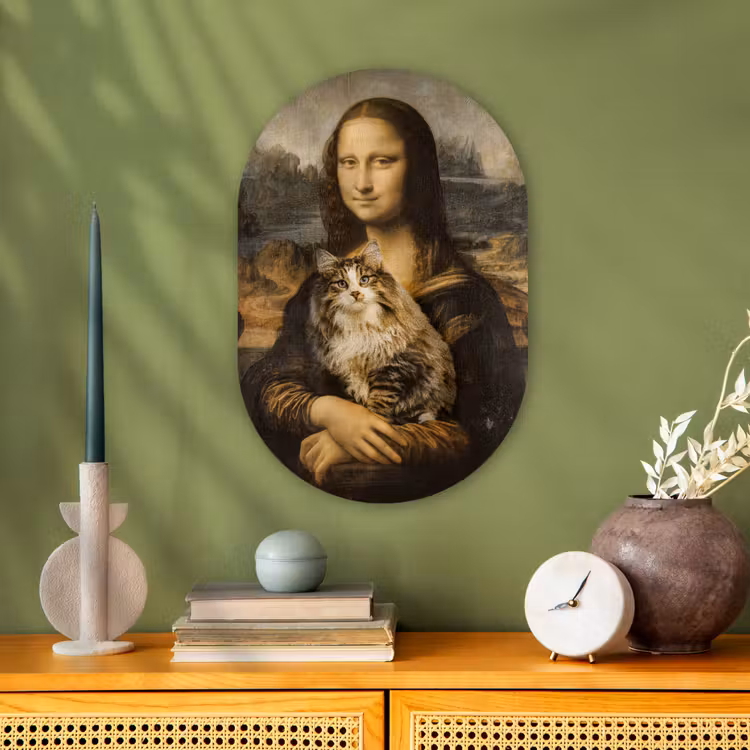 Mona Lisa - Kat - Leonardo da Vinci - Vintage - Kunstwerk - Oude meesters - Schilderij Wandcirkel Ovaal Forex klein -sfeer2