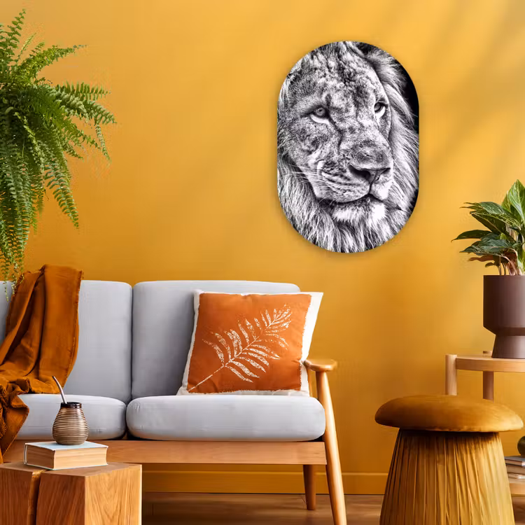Portret - Leeuw - Zwart wit Wandcirkel Ovaal Forex klein -sfeer4