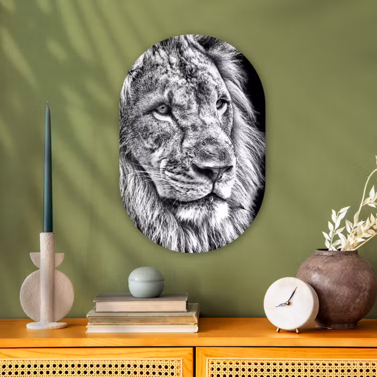Portret - Leeuw - Zwart wit Wandcirkel Ovaal Forex klein -sfeer2