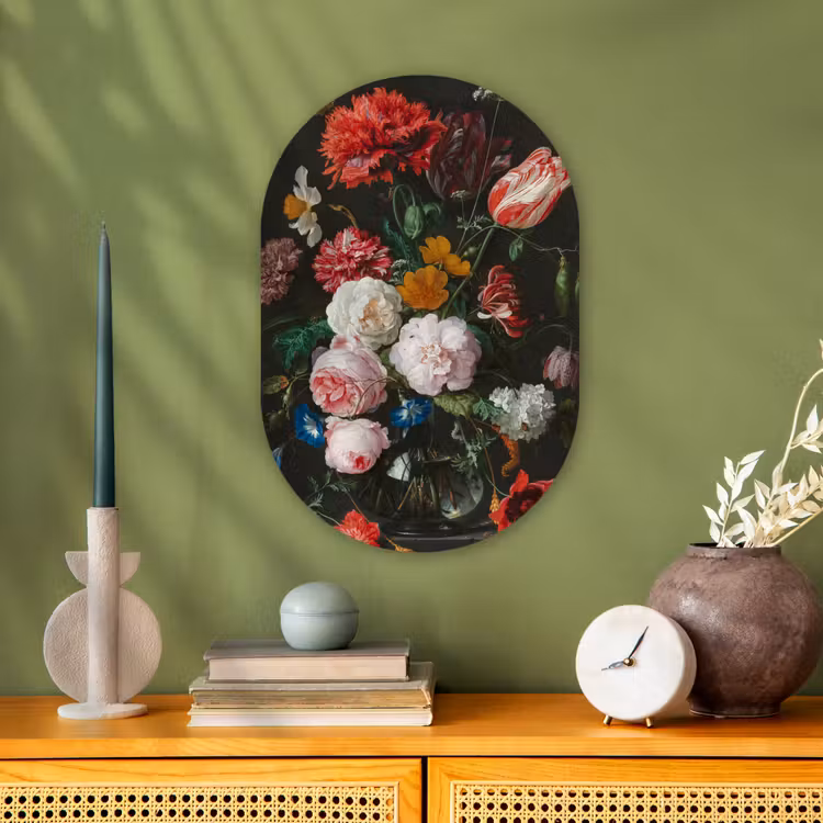 Stilleven met bloemen in een glazen vaas - Schilderij van Jan Davidsz. de Heem Wandcirkel Ovaal Forex klein -sfeer2