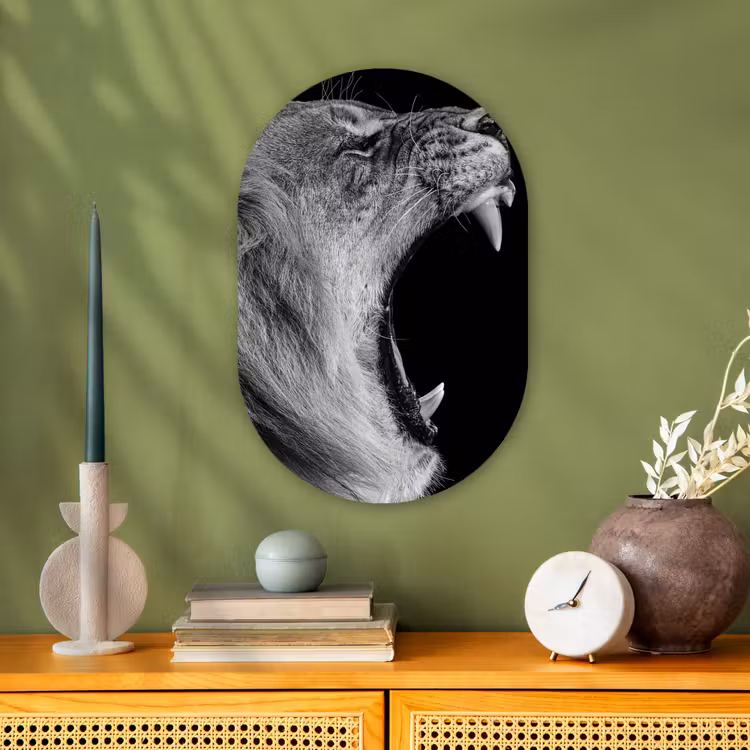 Dieren - Leeuw - Zwart - Wit - Portret Wandcirkel Ovaal Forex klein -sfeer2