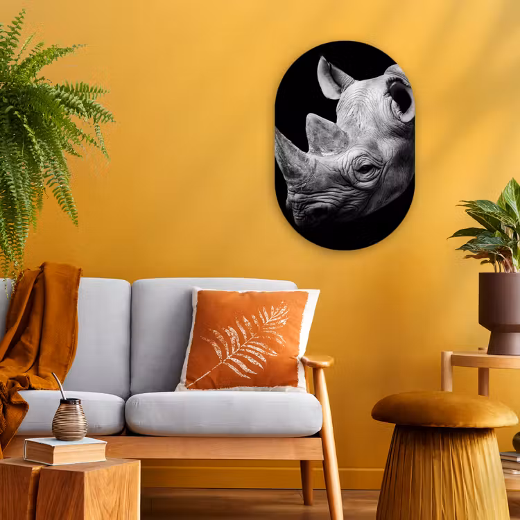 Dieren - Neushoorn - Zwart - Wit - Portret Wandcirkel Ovaal Forex klein -sfeer4
