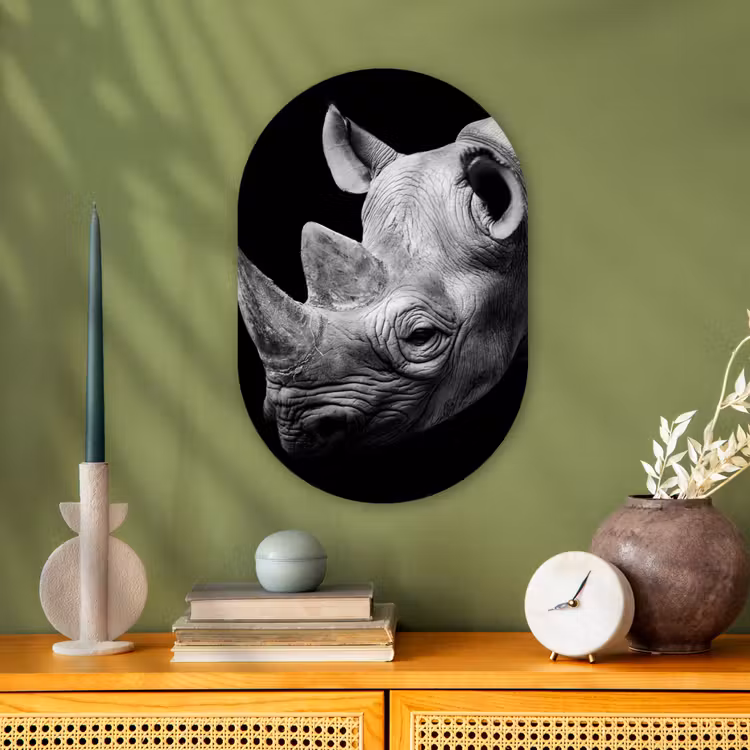 Dieren - Neushoorn - Zwart - Wit - Portret Wandcirkel Ovaal Forex klein -sfeer2