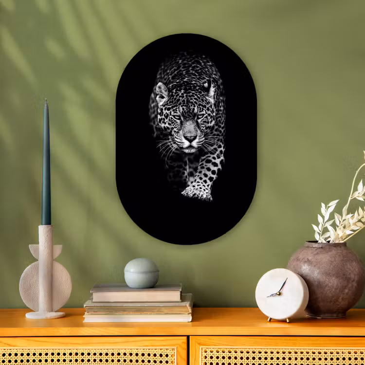 Dieren - Zwart - Luipaard - Wit - Wild Wandcirkel Ovaal Forex klein -sfeer2